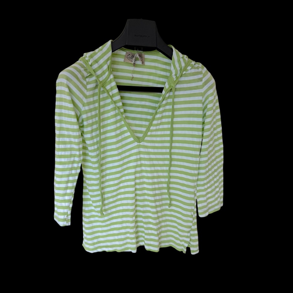 Juicy‎ Couture Green White Striped Hooded V-Neck Top Long Sleeve Sz M Y2K